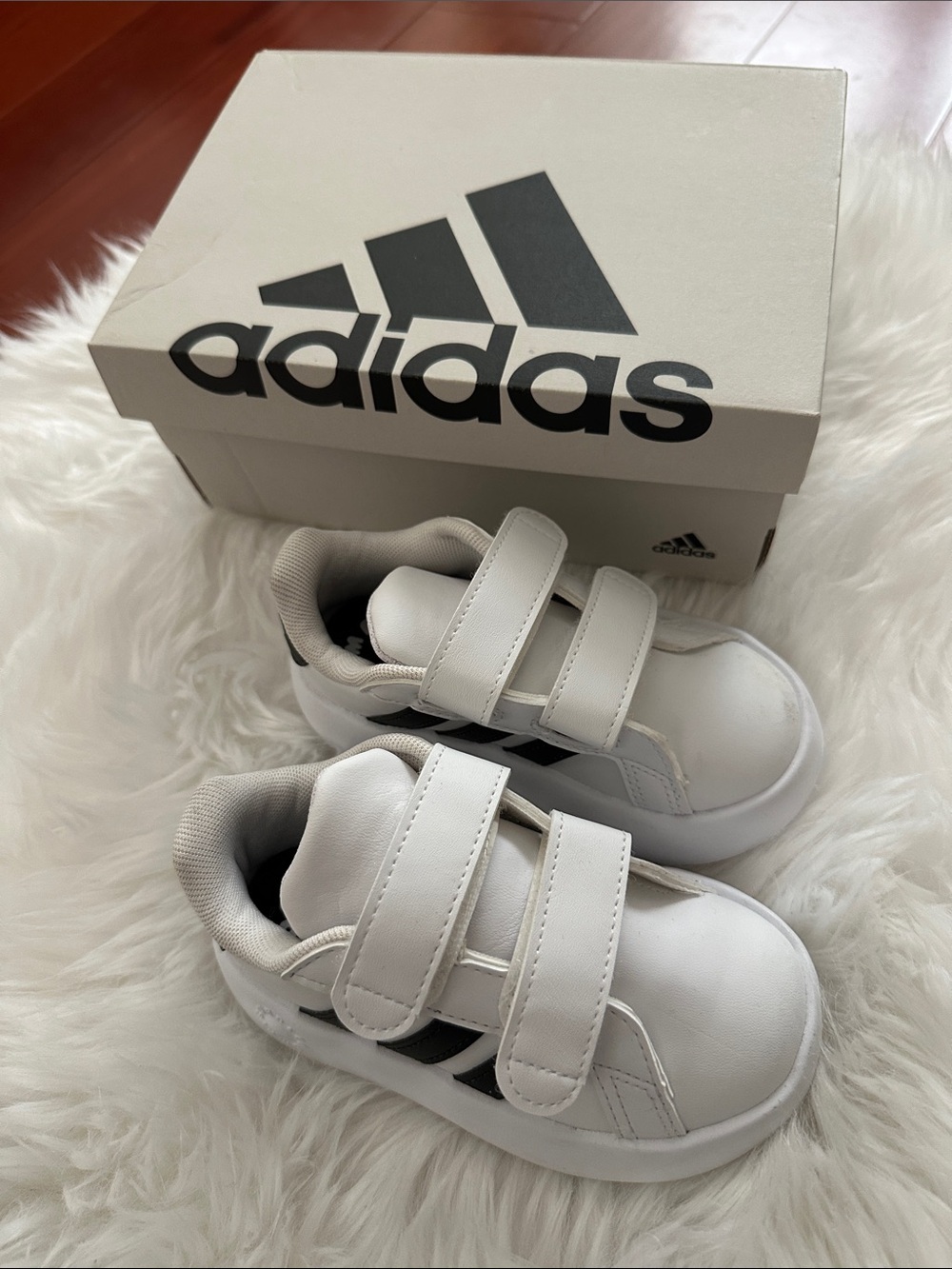 Adidas Kids White Velcro Sneaker with Black Three Stripes